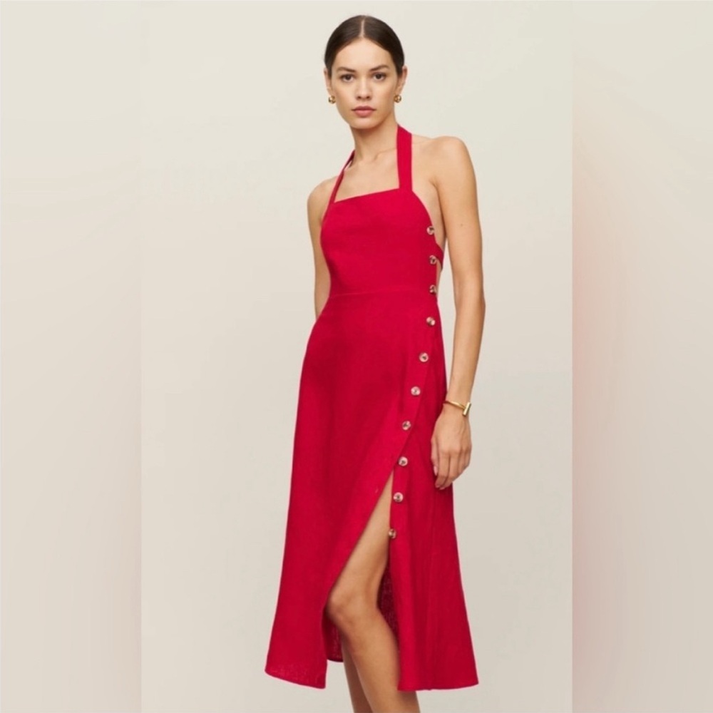 Reformation 100% Linen Red Mar Midi Halter Dress